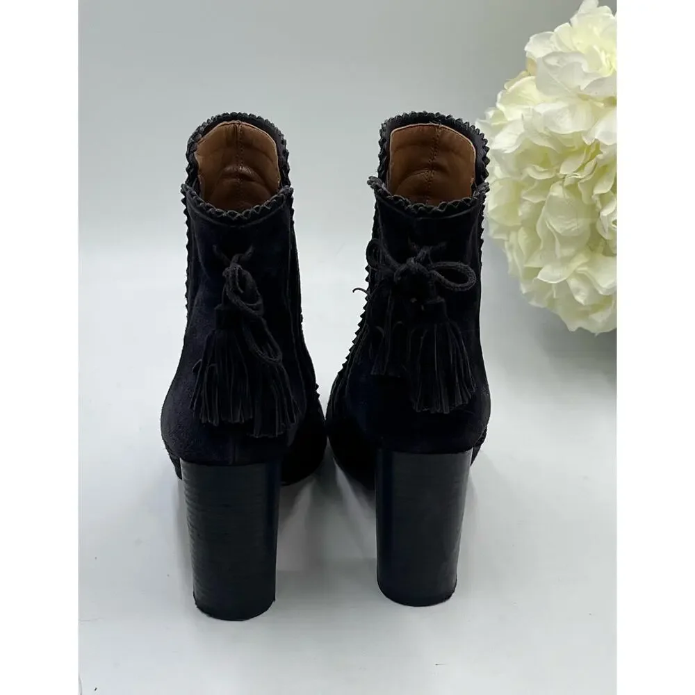Aquazzura Firenze Black Gray Suede Tristan Fringe Ankle Bootie‎ Tassel 37.5,Sz 7
